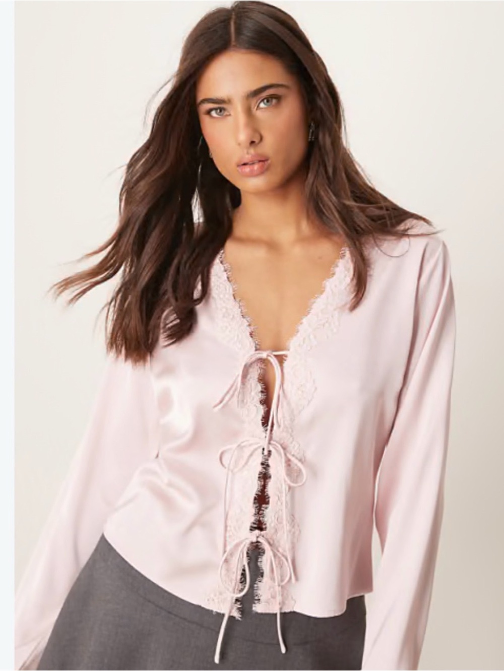 Silky Pink Lace-Trim Tie-Front Top